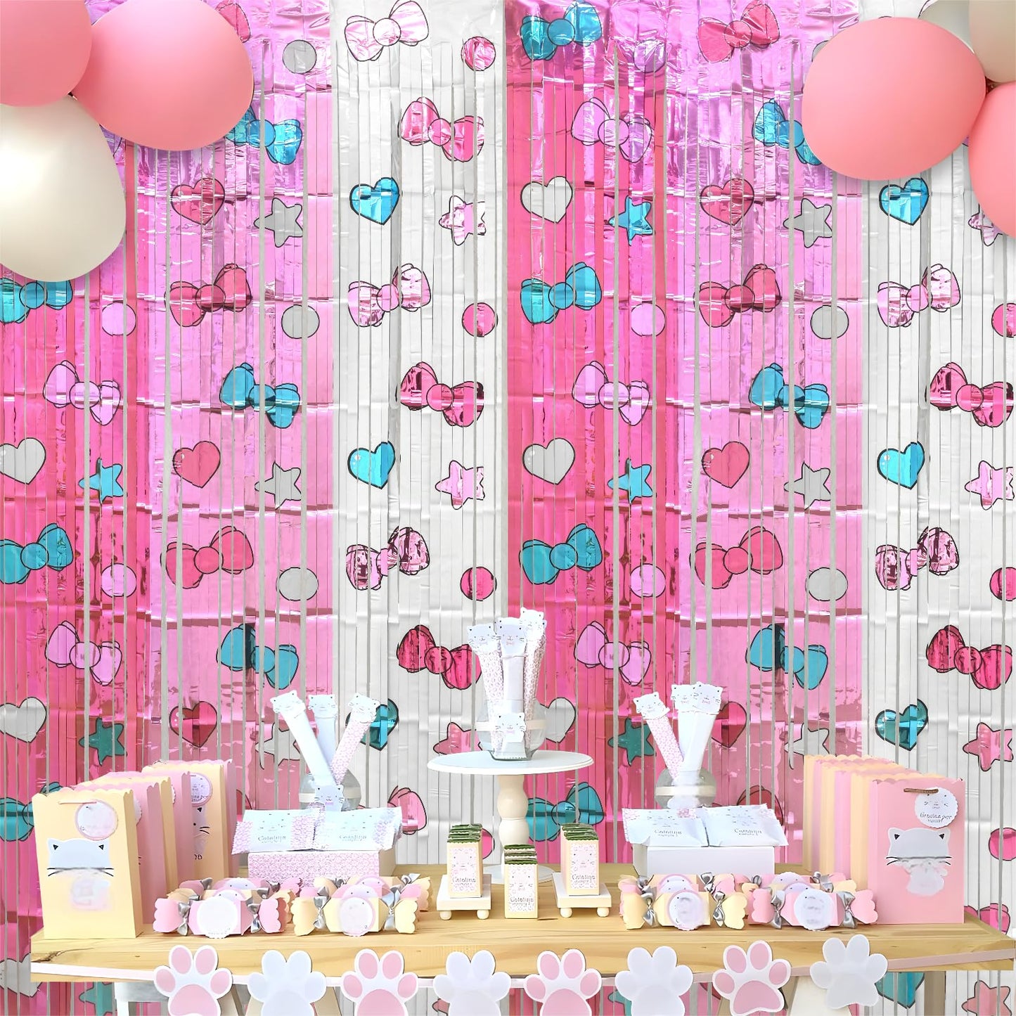 Bupelo Kawaii Birthday Decorations, 2 Pack Cartoon Cat Theme Party Supplies, 3.3 x 6.6ft Tinsel Foil Fringe Curtains, Bow Photo Booth Props, Backdrop Streamers, Perfect Room & Doorway Decor for Girls