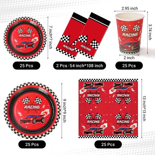 Childom 102 PCS Racing Car Tableware Sets,Race Car Birthday Party Supplies,Disposable Racing Tablecloths,Plates Cups Napkins,Cars Themed Tableware Set for Boys Birthday,Kids Parties,Racing Party Decor