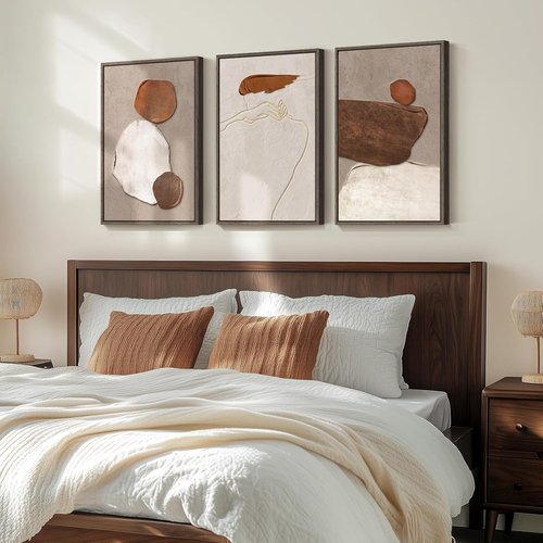 Framed Neutral Abstract Wall Art - 3 Piece Earth Tones Canvas Prints for Living Room | 16x24 Inch