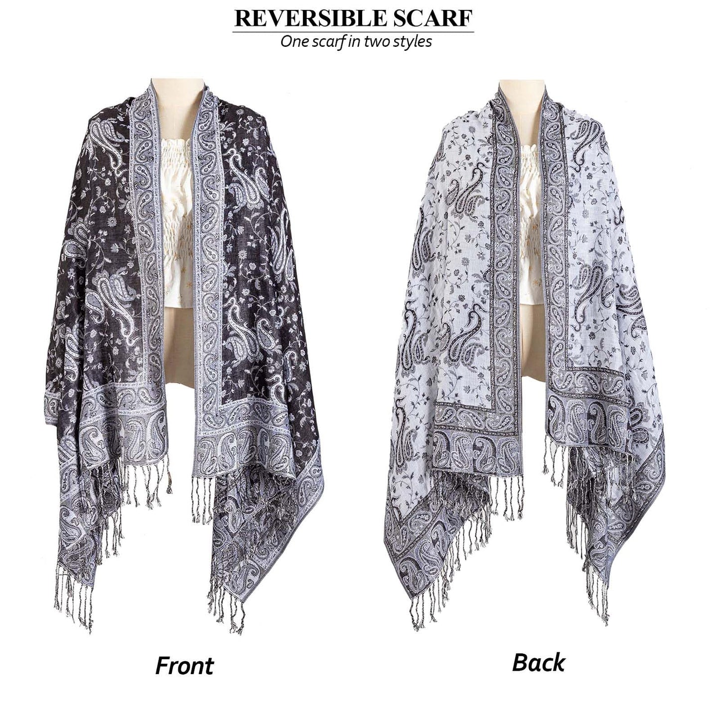 AUSEKALY Pashmina Feel Shawls Wraps for Women Rave Scarf Soft Silky Reversible Men Scarves Black White