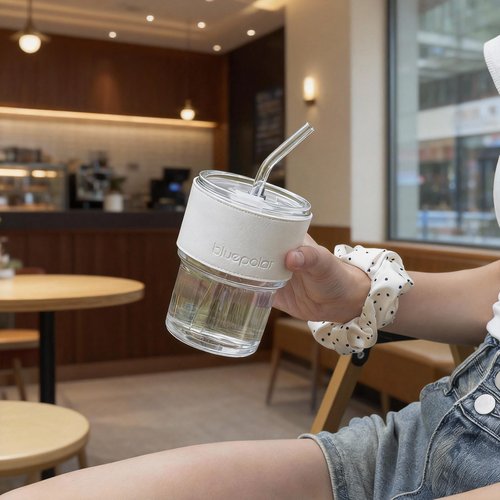 BLUEPOLAR 13 oz Tumbler Water Glass, Water Bottle with Straw and Dustproof Lid, Coffee Ice Cup Double Wall Insulated Glass Cup (White with Protect Sleeve)
