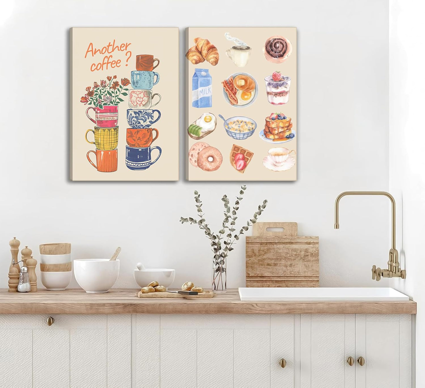 Skiennix Modern Coffee Canvas Wall Art - Colorful Croissant & Coffee Cups Print | Framed Dining Room Decor
