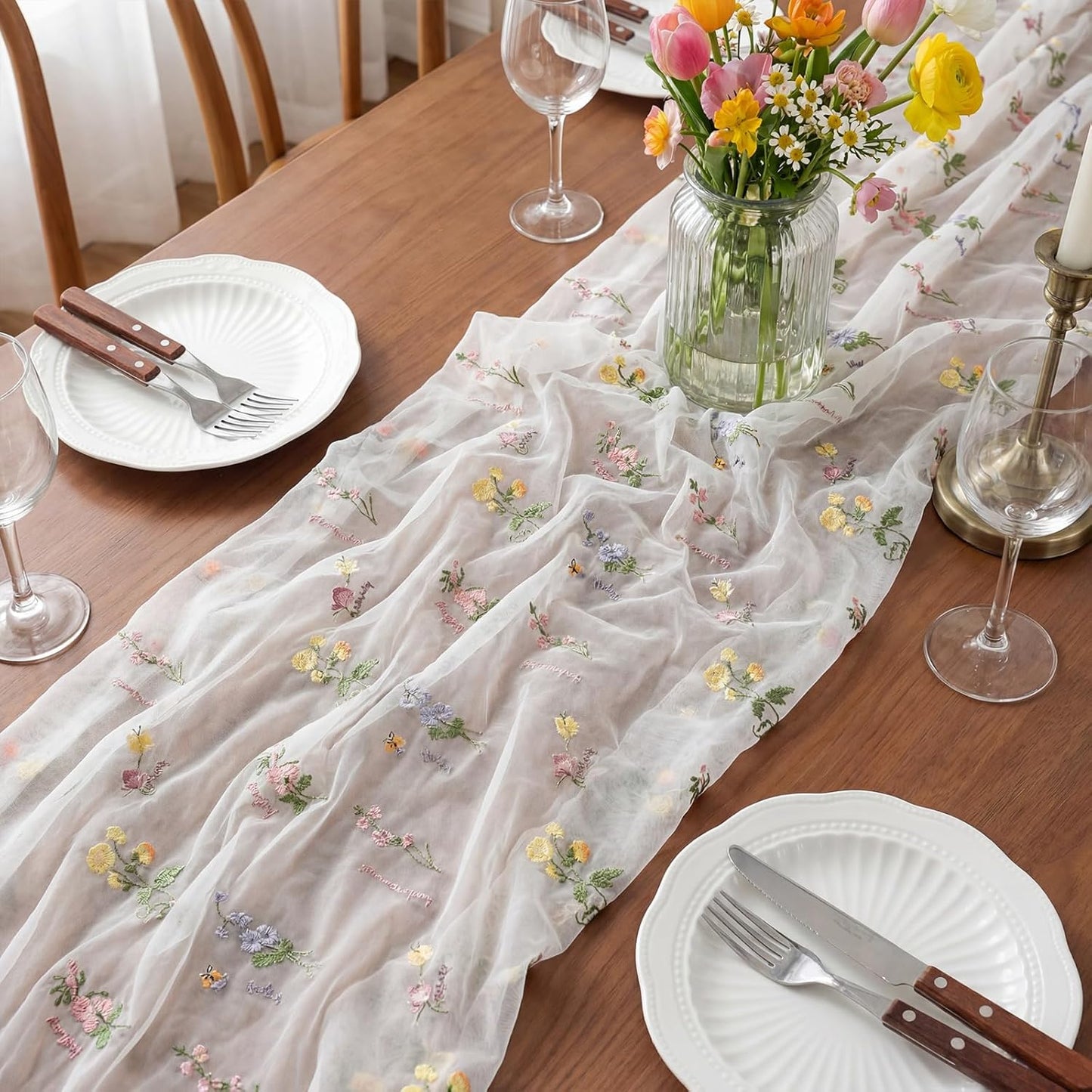Remagr Floral Table Runner - 9.8 ft Embroidered Tulle for Weddings, Showers & Seasonal Decor