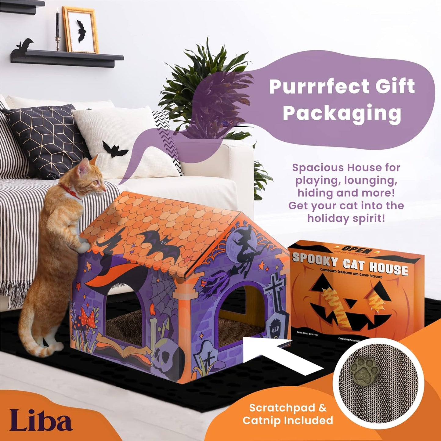 LiBa Cat House - Cardboard Holiday Design with Scratch Pad & Catnip | Indoor Cat Bed & Toy
