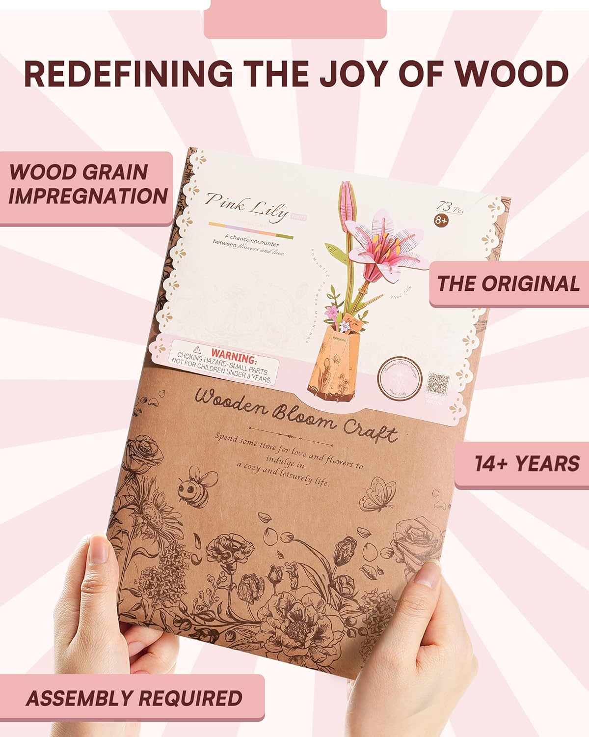 Skiennix 3D Flower Wooden Puzzle - Pink Lily DIY Model Kit for Adults | Creative Gift for Mother's Day (73PCS)