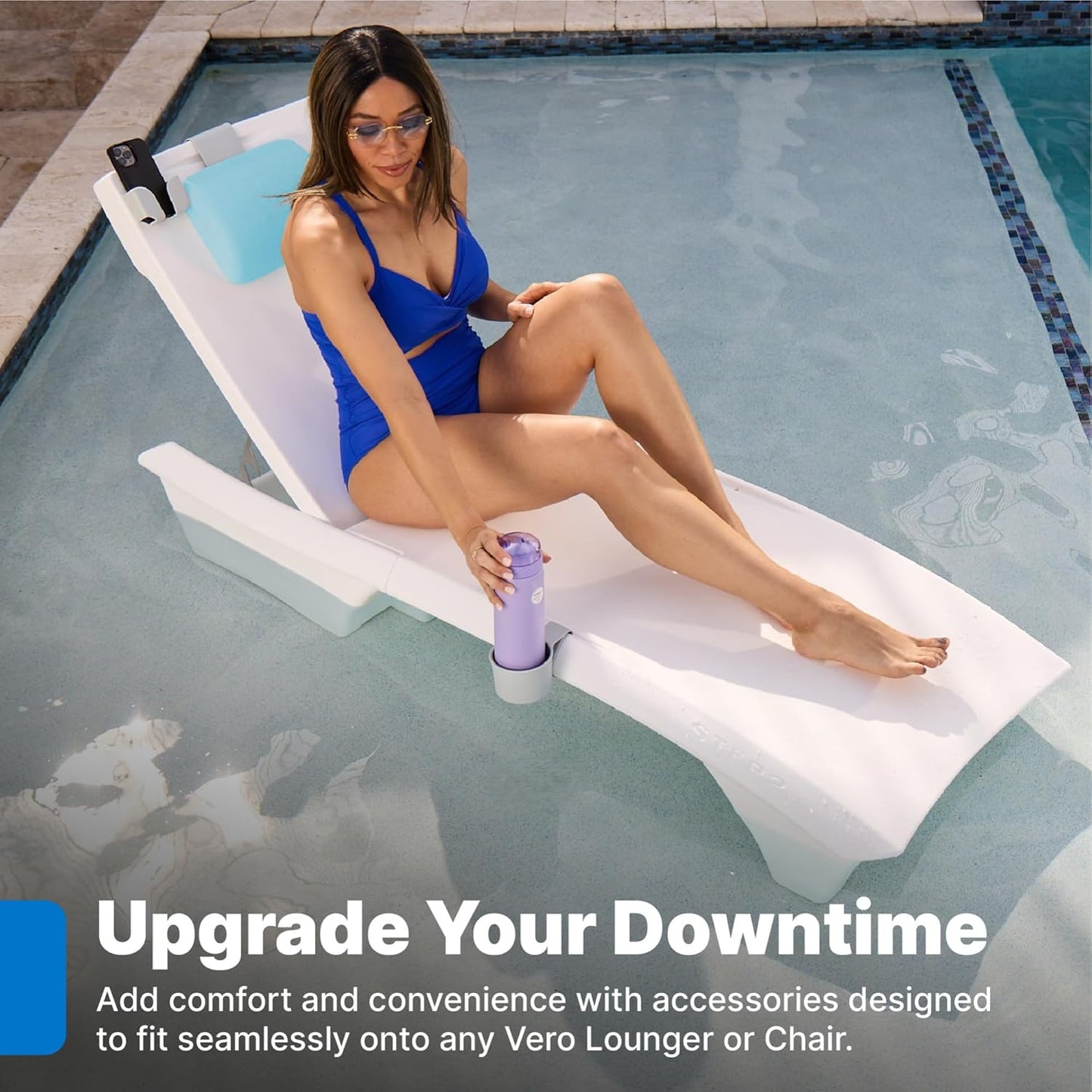 Step2 Vero Pool Lounger Accessories Set - 3-Piece with Pillow, Cup Holder & Phone Mount | Blue