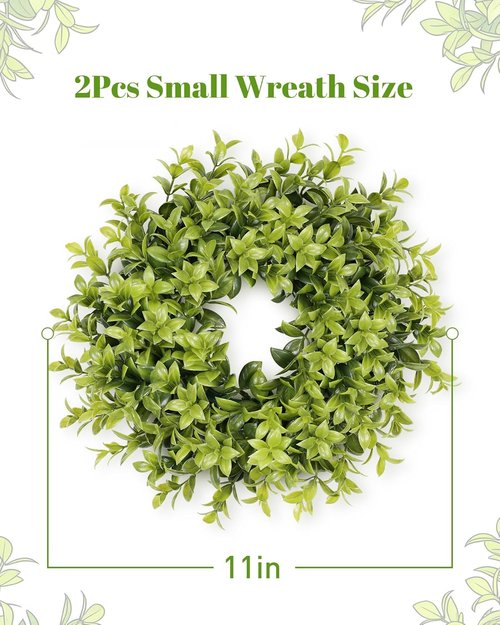 DDHS Boxwood Wreaths - 11" Mini Green Leaves Decor for Front Doors, Weddings & Home | 2 Packs