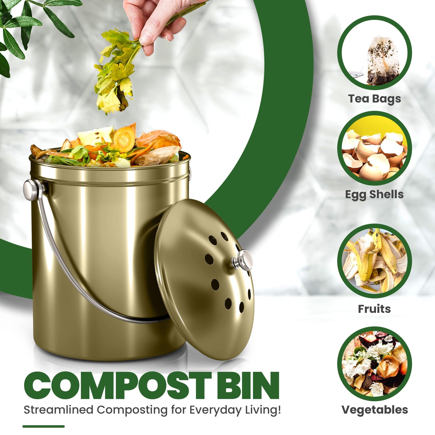 Utopia Kitchen Compost Bin for Kitchen Countertop - 1.3 Gallon Compost Bucket for Kitchen with Lid - Includes 1 Spare Charcoal Filter (Gold)