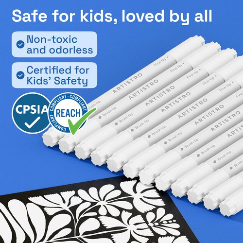 ARTISTRO 12 White Acrylic Paint Markers - Paint Pens for Drawing, Brush + Fine Tips - For Fabric, Rock, Glass, Wood, DIY - Art & Craft Supplies for Adults, Teens, Kids - Teacher Appreciation Gift
