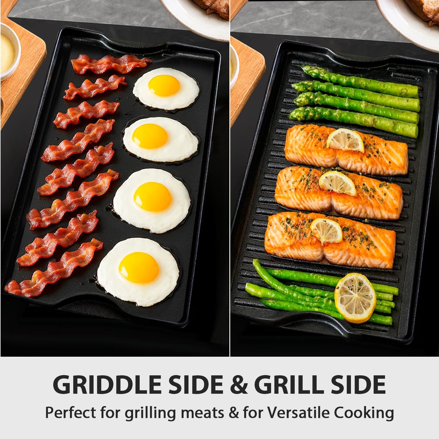 Utheer Nonstick Reversible Cast Iron Griddle 19.5"x 10.5", Ceramic Cooking Surface, Flat & Ribbed Sides, with High Sides & Grease Trap, Stovetop Griddle for Gas Grill, Charcoal, Oven & Outdoor BBQ