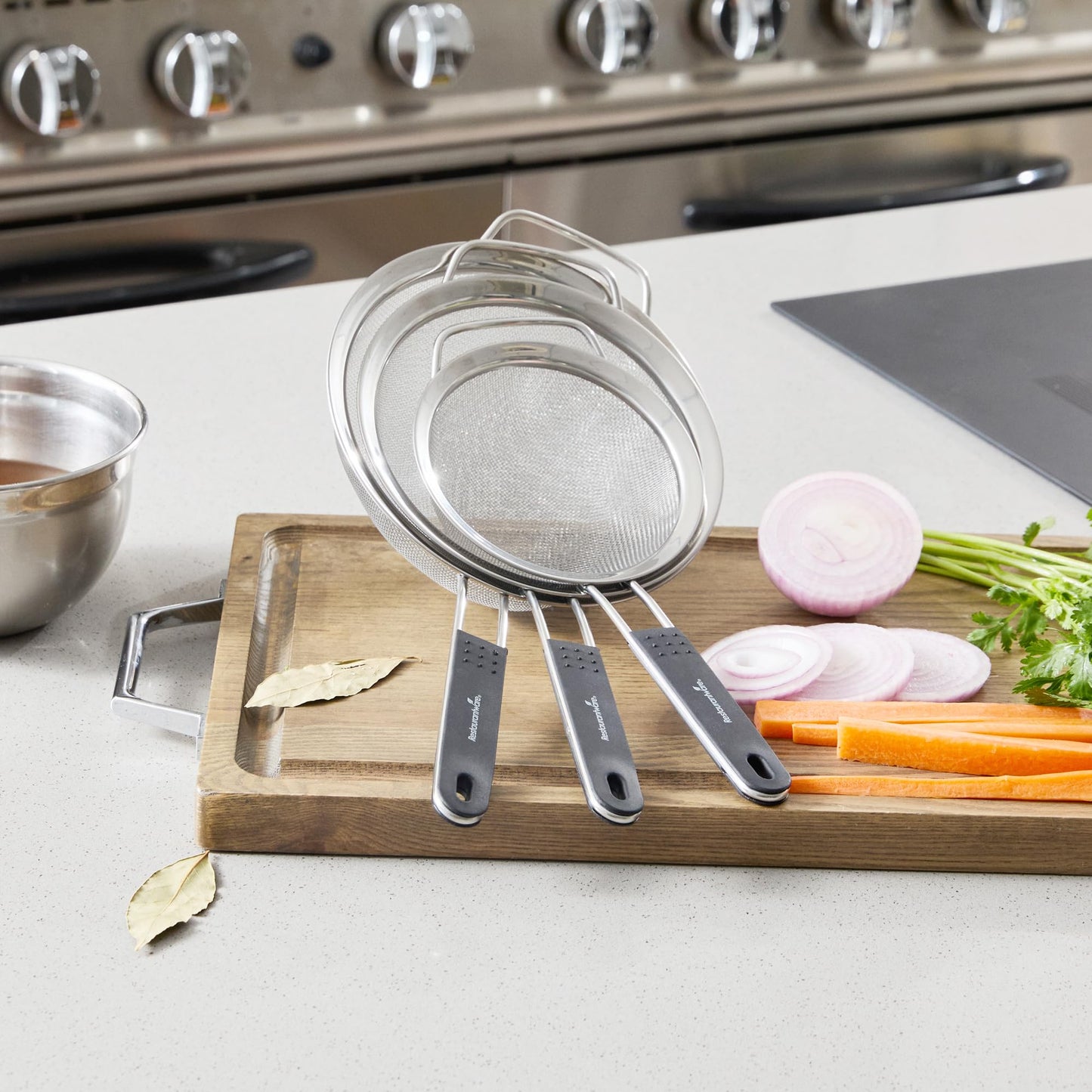 Restaurantware Fine Mesh Strainer Set of 3 Different Sizes with Silicone Handle Stainless Steel Extra Fine Mesh Strainer Heat-Resistant Handle Dishwasher-Safe for Rice, Quinoa, Pasta