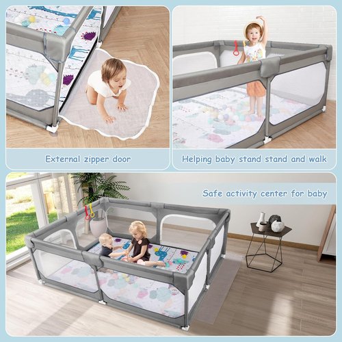 JINXIA Baby Playpen - Large Climb-Proof Safety Play Yard with Soft Mesh Mat | 75" x 59" - Grey