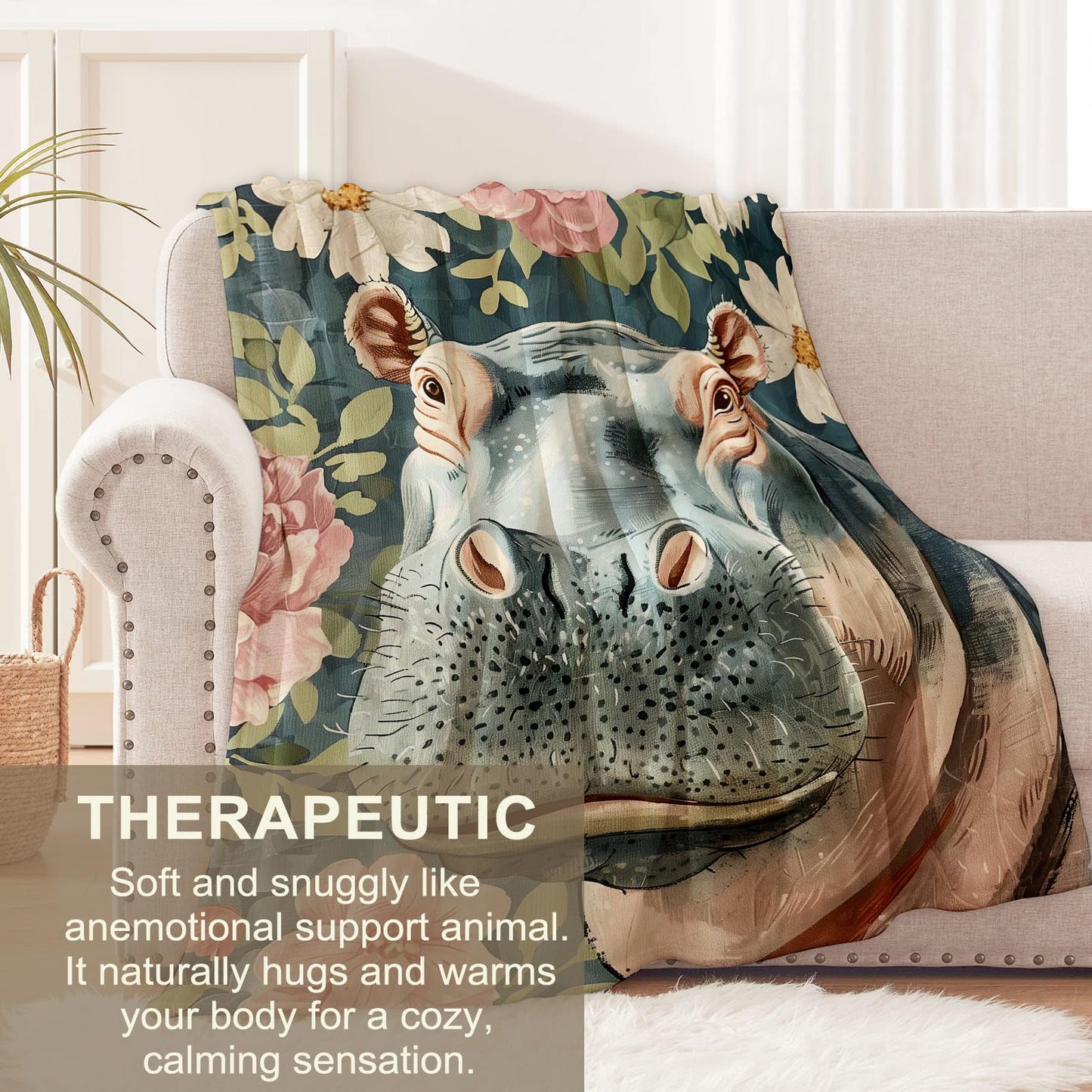 Hippo Blanket for Kids Boys Girls, Flannel Hippo Blankets Gifts, Floral Flower Hippo Throw Blanket for Sofa Couch Bed Living Room Soft Warm Cozy Hippo Decor 60" x 50"
