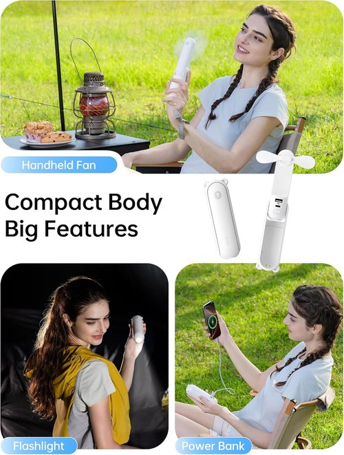 JISULIFE Handheld Fan - Mini 3-in-1 Fan with 37 Hours Cooling & 4500mAh Power Bank | Portable White