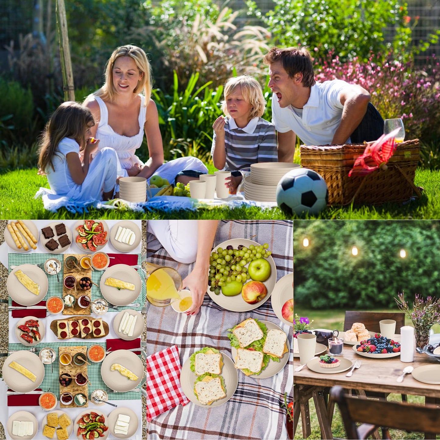 Gudvilla Wheat Straw Dinnerware Sets, 32Pcs Plastic Plates and Bowls Sets for 8, Unbreakable Reusable Wheat Straw Bowls Plates Cups Dishes Set, Dishwasher Microwave Safe, for RV Kitchen Camping