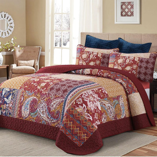 DJY Patchwork Quilt Set King Size Red Bohemian Floral Paisley Quilt Bedding Set, 3 Pieces Boho Burgundy Vintage Bedspread Microfiber Reversible Bedding Coverlet for All Season 110''x90''