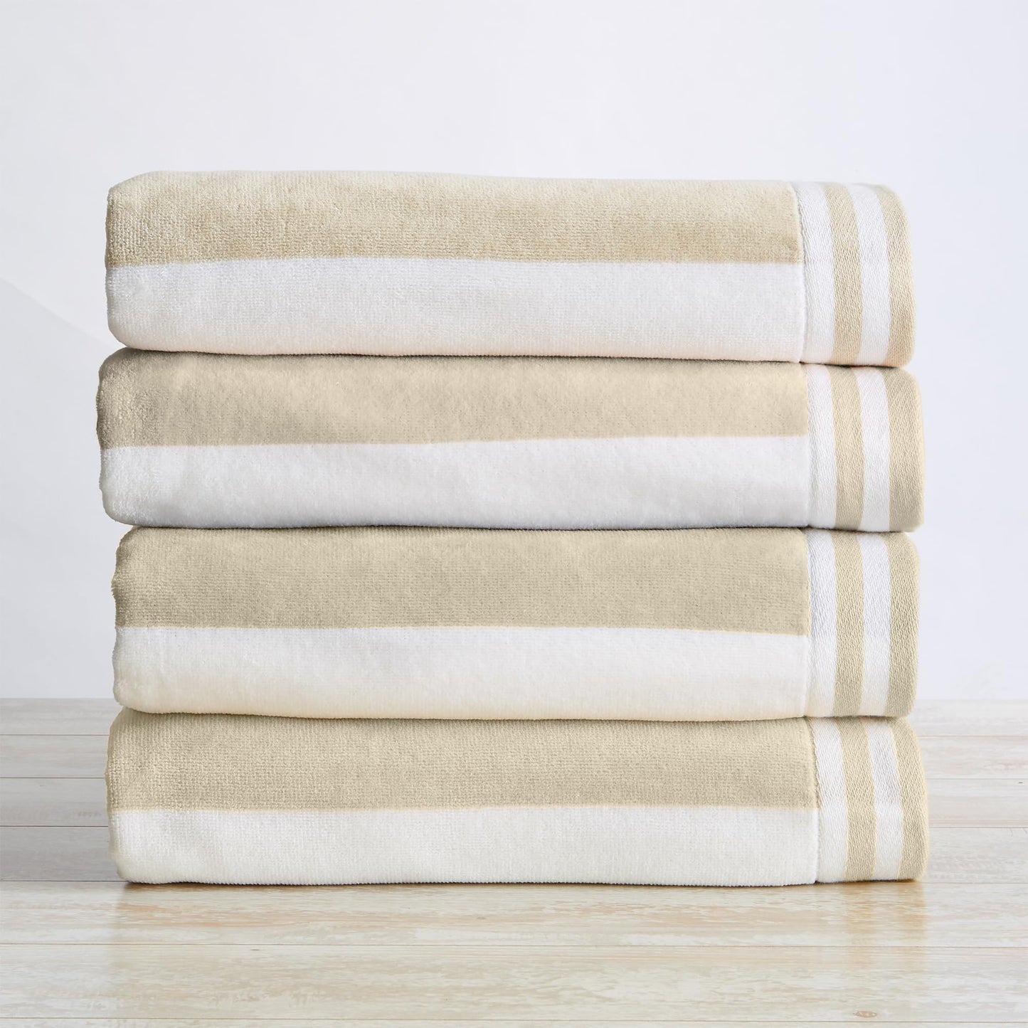 Great Bay Home 100% Cotton Velour 4 Pack Oversized Beach Towels - Taupe Cabana Stripe Pool Towels - Quick Dry, Large Swim Towels (4 Pack 35" x 70", Linen)