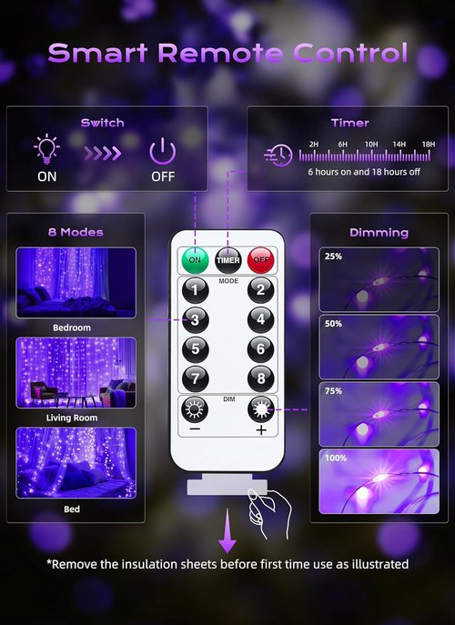 Brightown 300 LED Purple Fairy Curtain Lights - 9.8ft x 9.8ft, USB Plug with 8 Lighting Modes & Remote for Indoor/Outdoor Decor