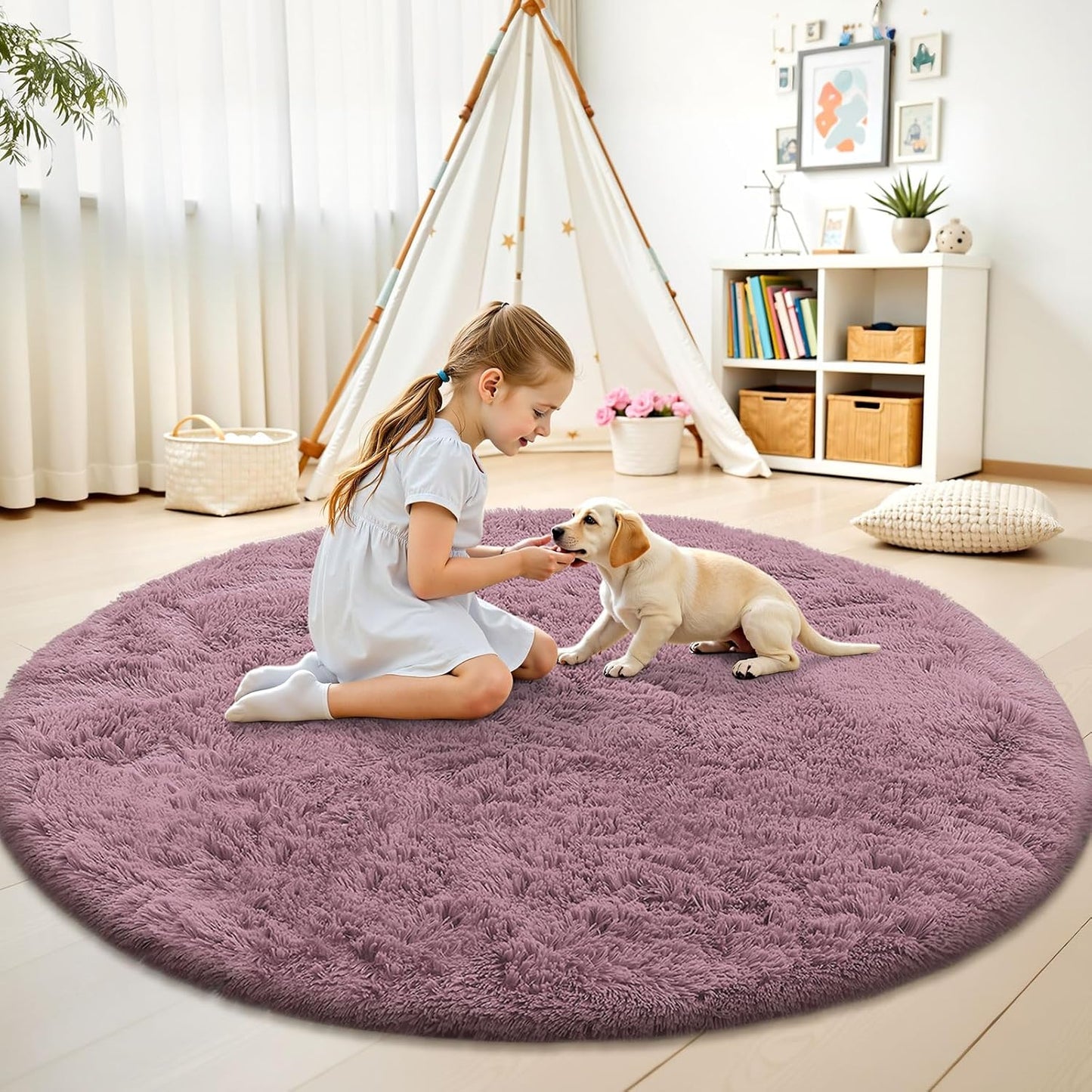 OLANLY Blush Round Area Rug - Soft, Fluffy 9 ft Circle Carpet for Bedroom & Living Room Decor