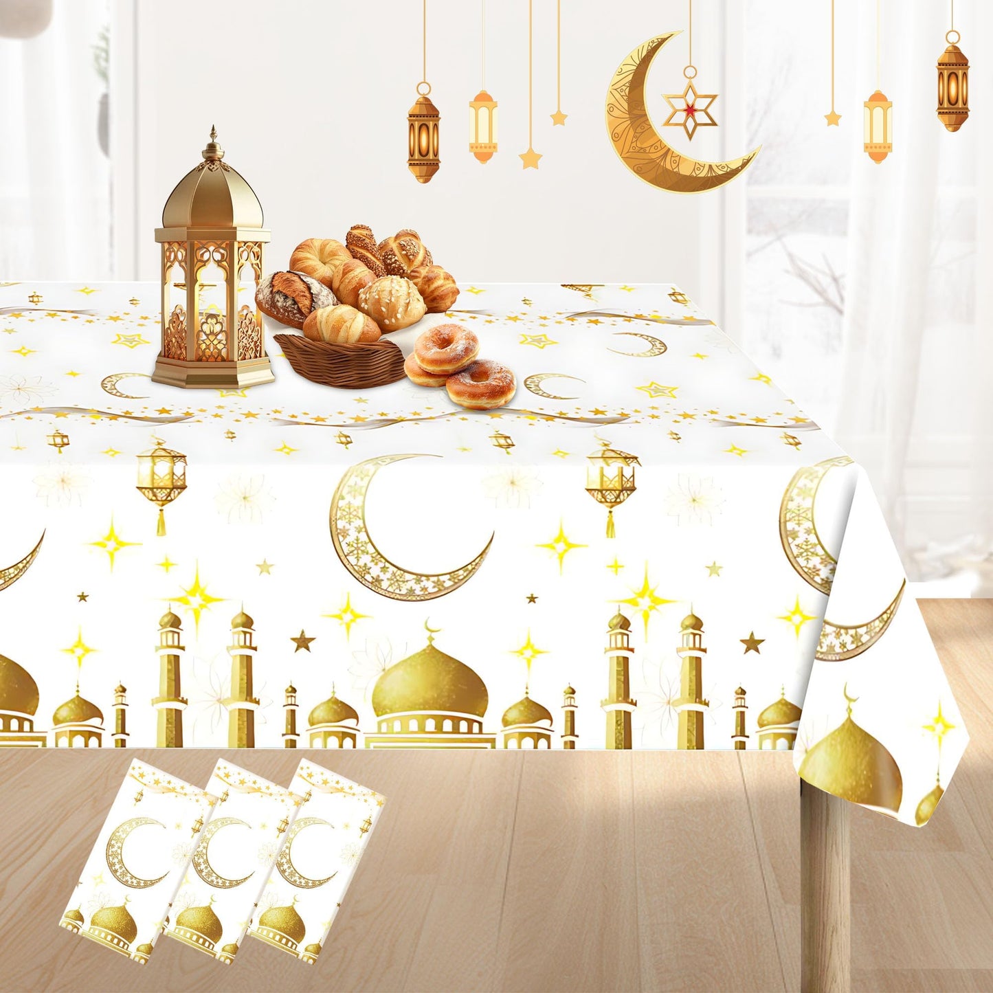 Ramadan Plastic Disposable Table Cloth: White and Gold Mosque Moon Star Lamp Ramadan Kareem Table Cover Muslim Eid Al-fitr Eid Mubarak Tablecloths for Ramadan Party Supplies 54×108Inches(3 Pcs)