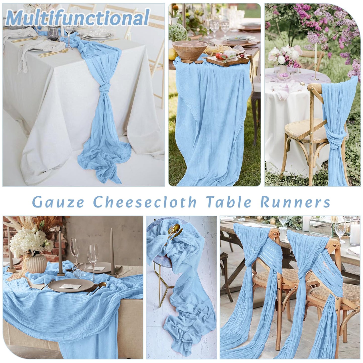 16Pack Baby Blue Table Runner 10FT Light Blue Cheesecloth Table Runner 35x120Inch Long Boho Gauze Cheese Cloth Table Runners Rustic Sheer Table Runners for Wedding Baby Shower Bridal Shower Decor