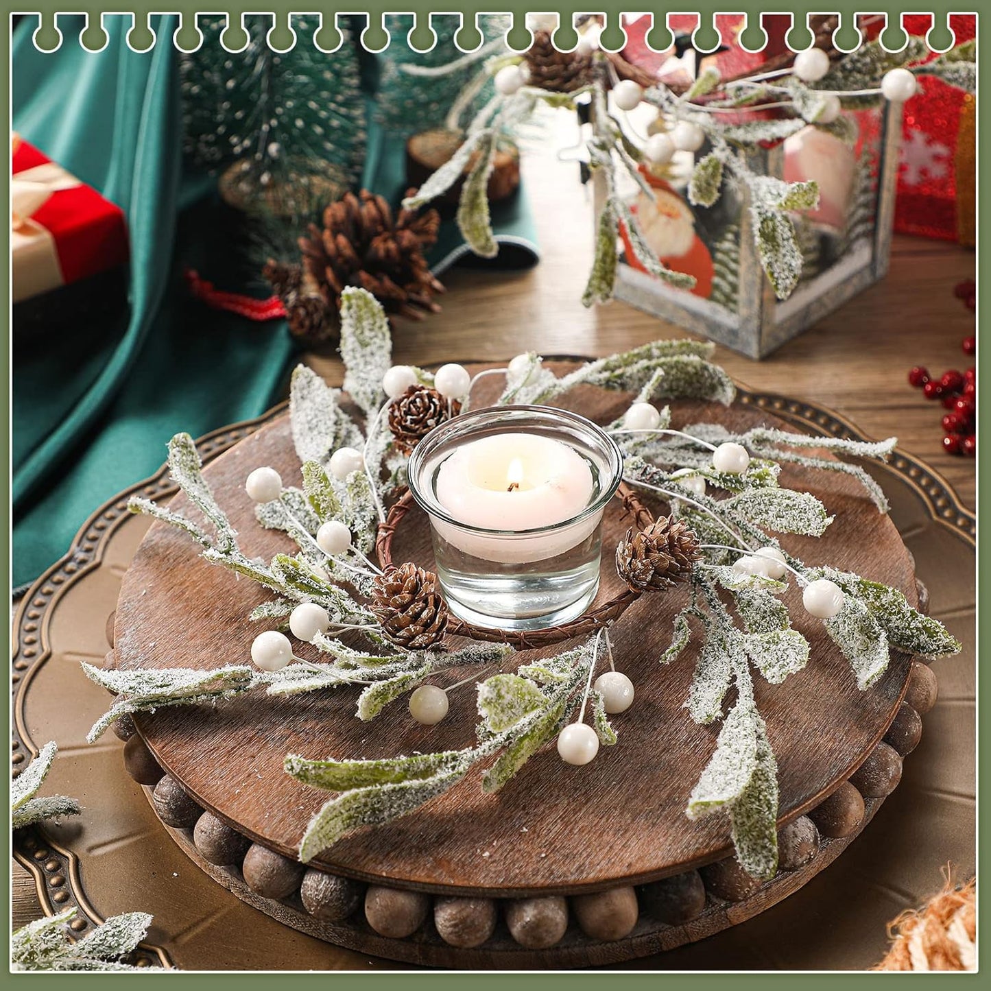 Skiennix Christmas Pillar Candle Rings - 6 Pieces Frosted Mistletoe Wreaths with Pearl Accents for Holiday Decor