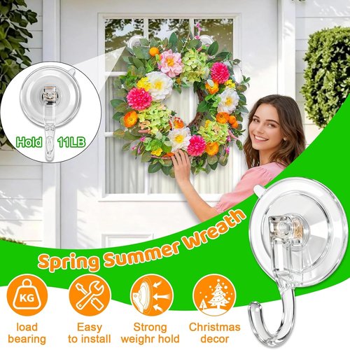 HEYHOUSE Wreath Hangers - Clear Suction Cup Hooks for Front Door | Removable & Reusable, 4 Pack