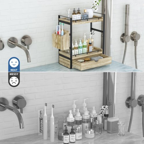 CeleVista 2-Tier Wood Bathroom Counter Organizer, Countertop Organizer with Drawer and Storage Basket, Bathroom Sink Organizer for Vanity, Skincare, Makeup, and Daily Essentials (Light Brown)