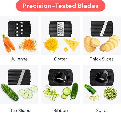 Fullstar Mandoline Slicer - 6-in-1 Kitchen Tool with Safety Glove | Versatile Fruit, Veggie & Cheese Cutter (Black)