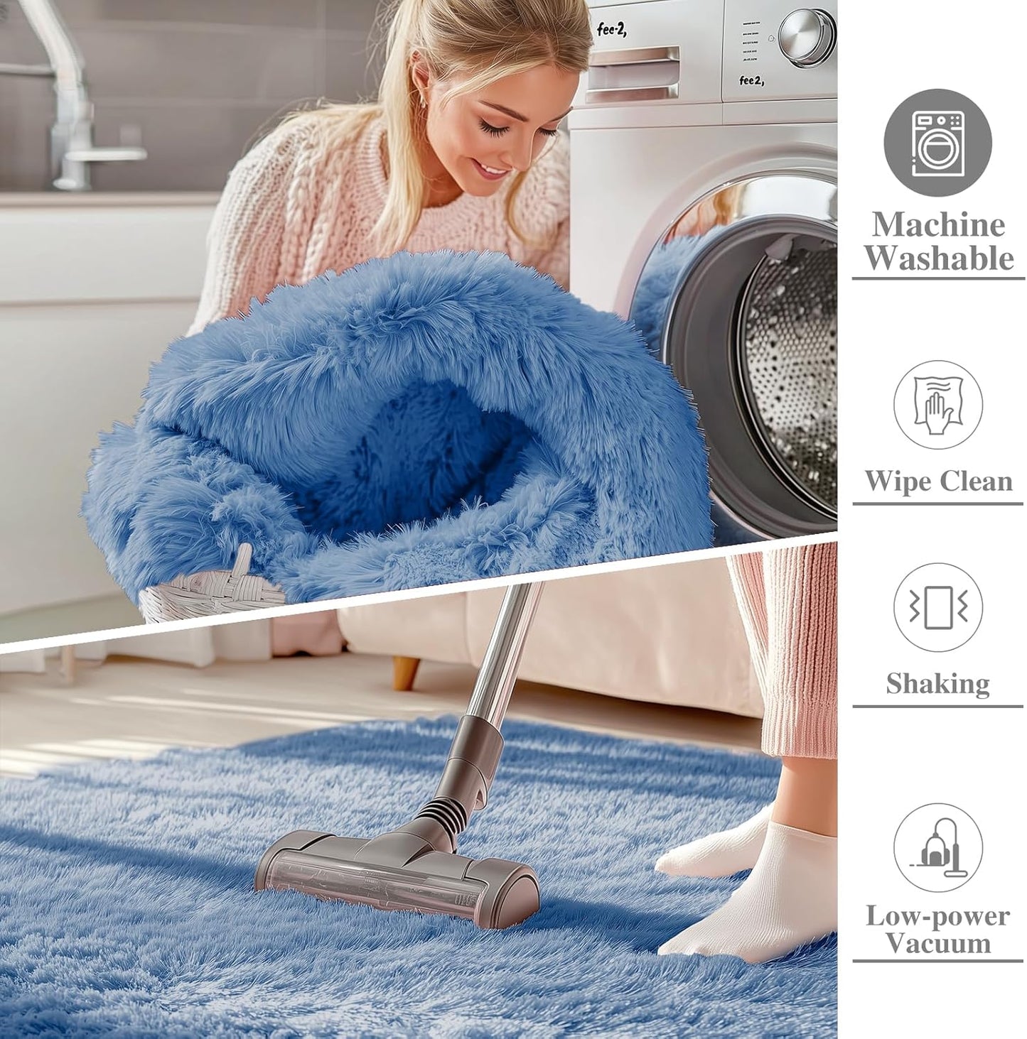 OLANLY Soft Fluffy Shaggy 3x5 Bedside Rug - Machine Washable Indoor Carpet for Kids & Nursery | Blue