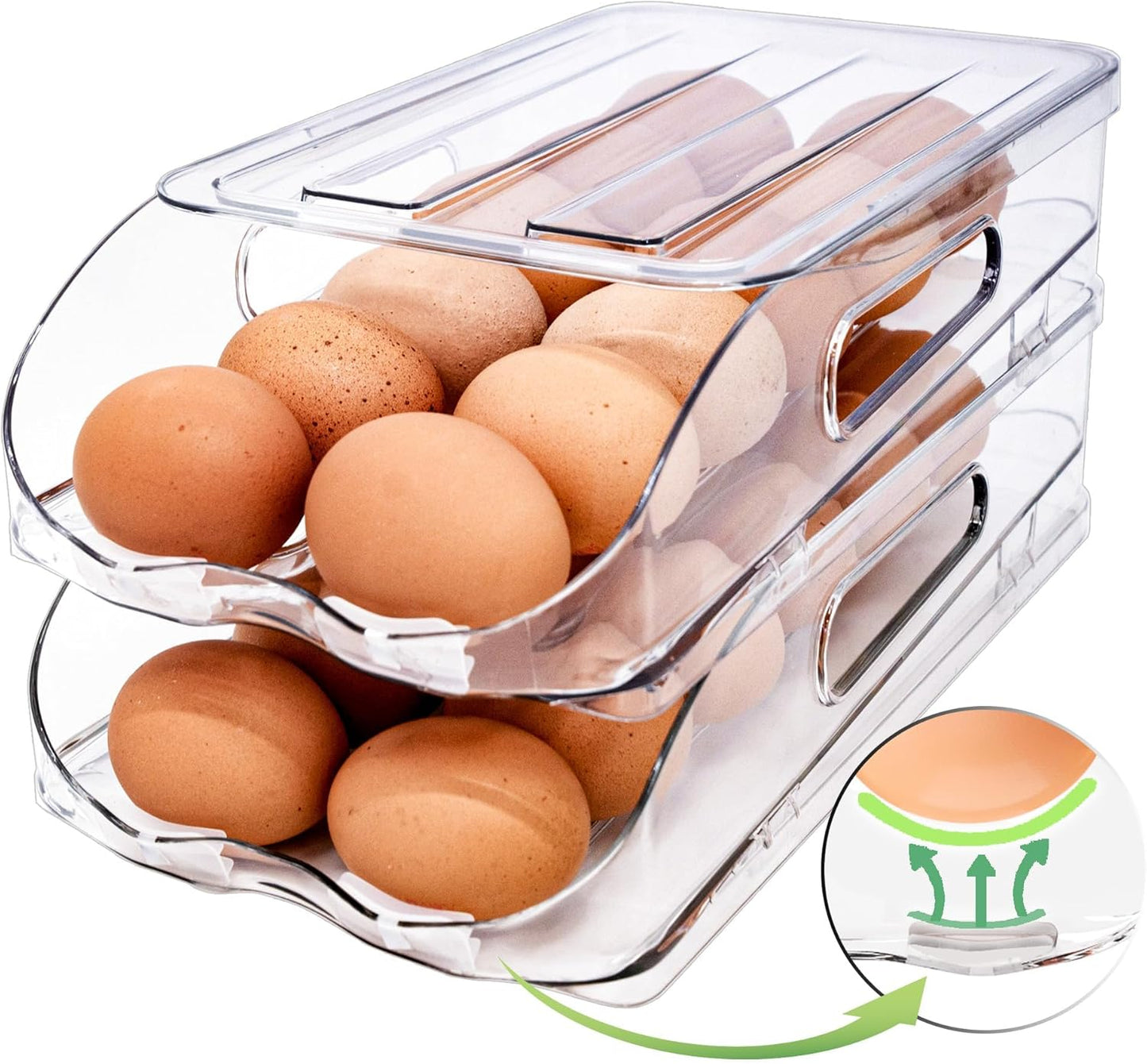 SMRCAD Egg Holder - Automatic Rolling Container with Soft Bumpers & Handle | Stackable Fridge Organizer