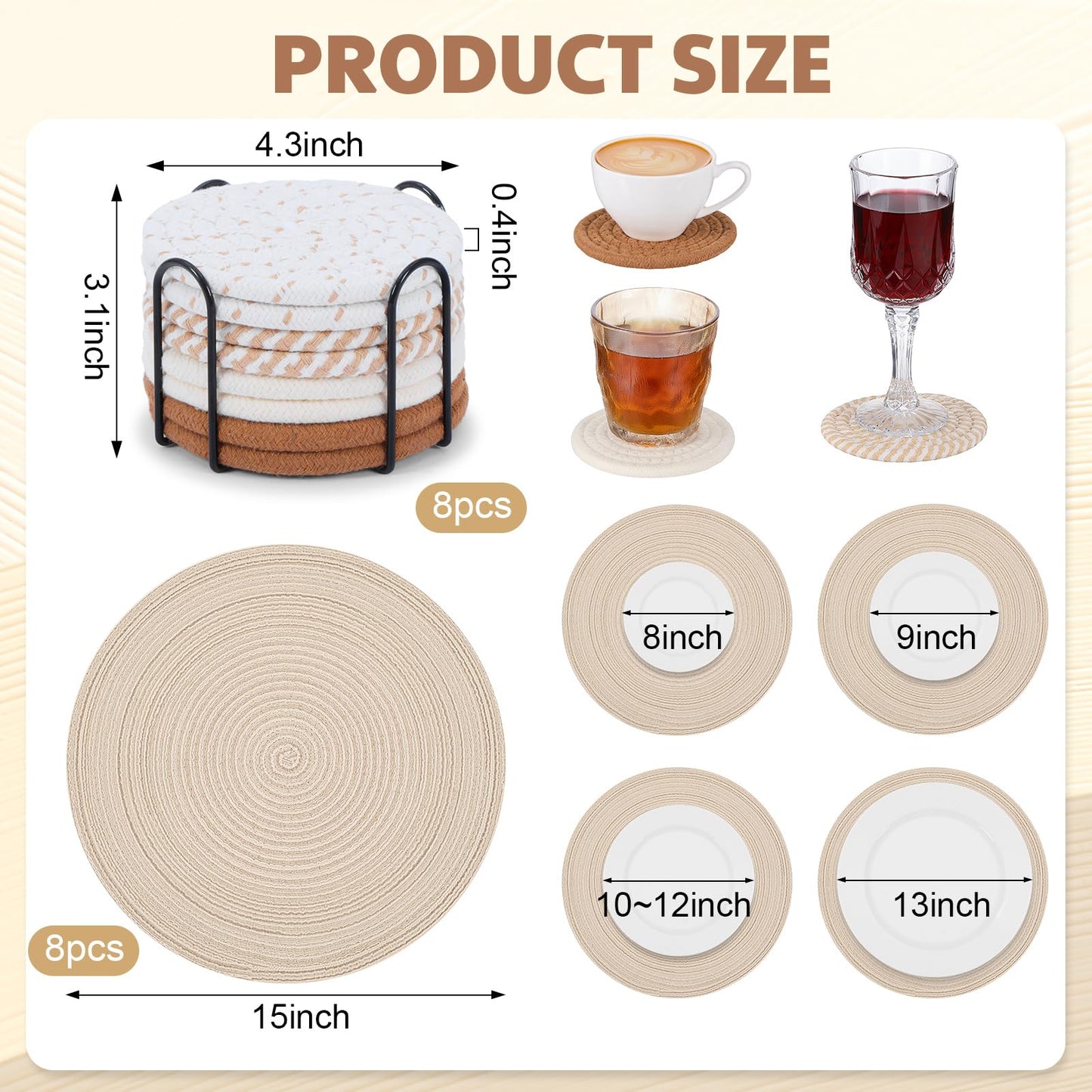 Acellegic 17 Pcs 15'' Round Woven Placemats and 4.3'' Drink Coaster with Holder, Boho Heat Resistant Absorbent Woven Cotton Coasters for Drinks for Dining Living Room Tabletop Protection(Light Color)