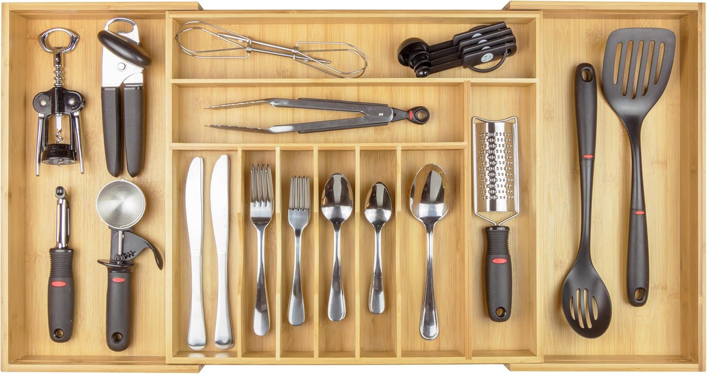 KitchenEdge Premium Silverware Organizer - Expandable Bamboo Utensil Holder for Kitchen Drawers, 18 to 33 In