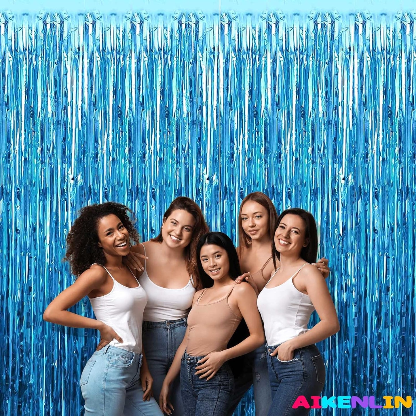 Lake Blue Foil Fringe Curtain Backdrop by [Brand Name] - 4 Pack Metallic Tinsel Streamers | 3.2Ft x 9.8Ft for Parties & Events
