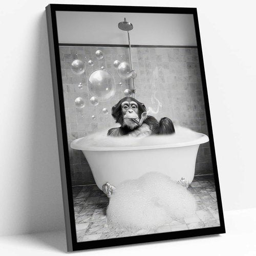 Framed Chimpanzee Wall Art - Fun Black and White Monkey Canvas Decor | 8x10 Inches for Bathroom or Man Cave