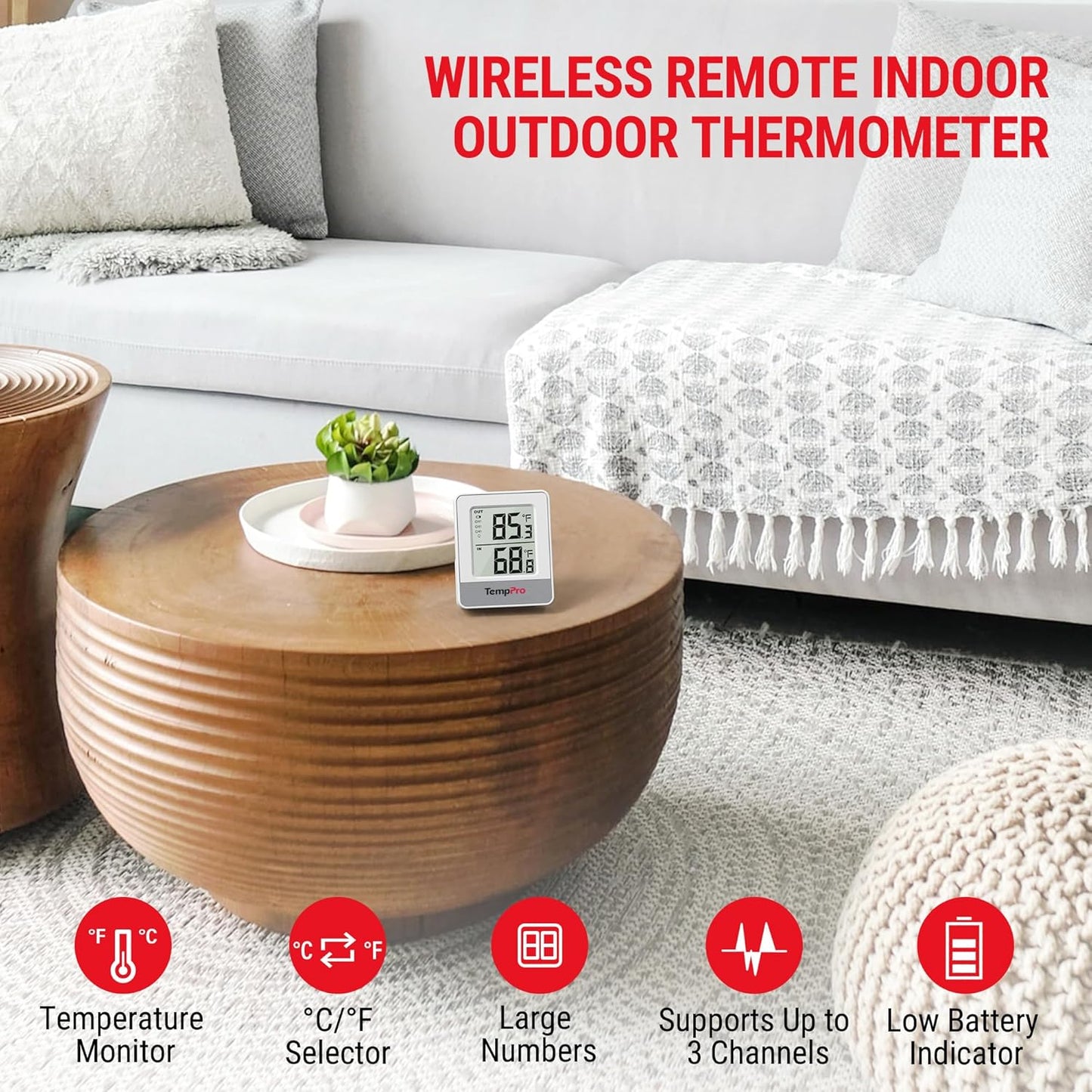 TempPro Wireless Indoor Outdoor Thermometer - 500FT Range Temperature Monitor for Home & Greenhouse