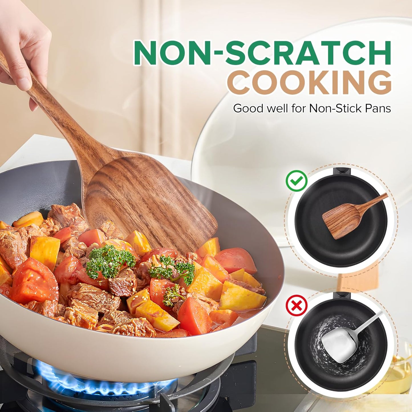 Teak Wood Spatula by [Brand Name] - Non-Toxic Cooking Utensil with Long Handle | 13.4" for Frying & Serving