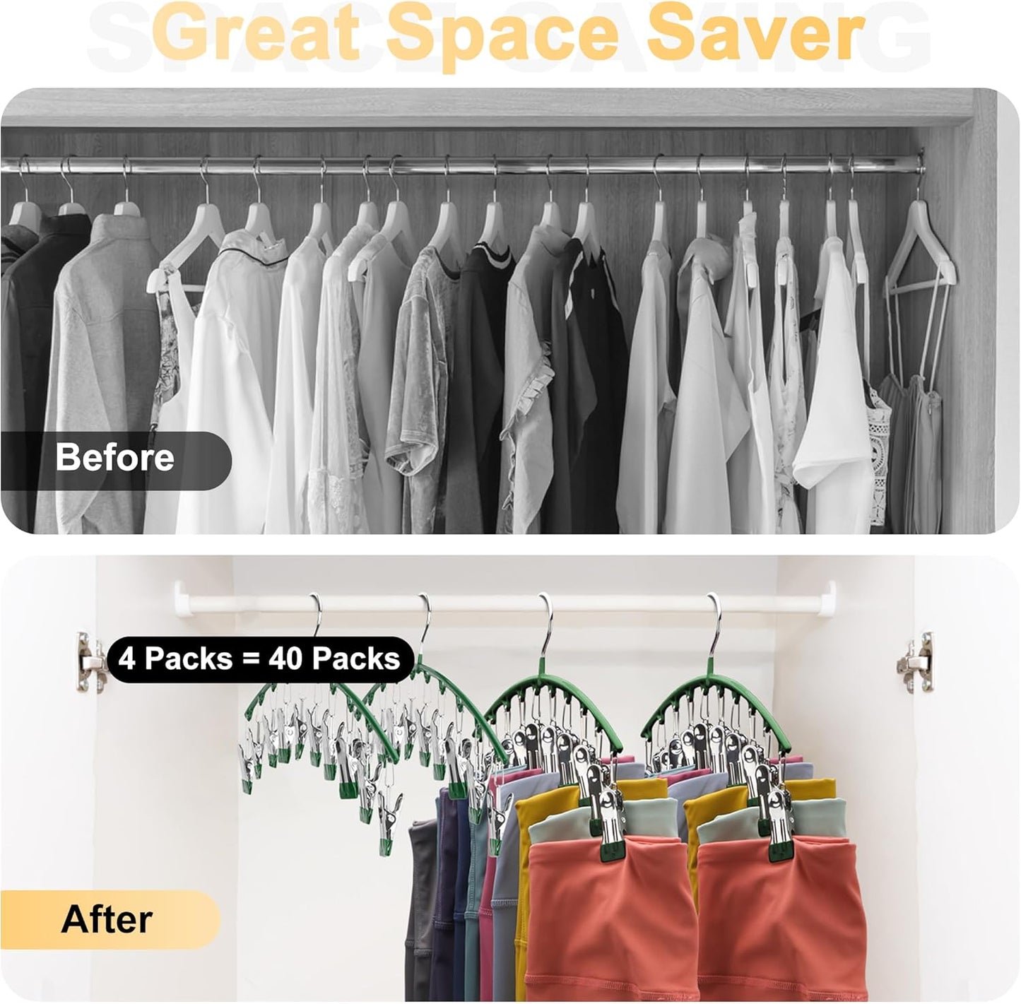 Skiennix Legging Organizer - Metal Yoga Pants Hangers with 10 Clips | Space-Saving Closet Storage, Green - Holds 40 Leggings