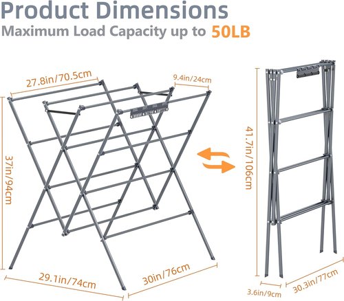 HOMIDEC Drying Rack - Large 12-Pole Foldable Laundry Rack with Sock Clips | Portable Indoor/Outdoor Use, Silver