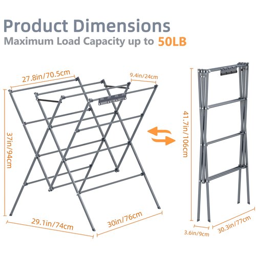 HOMIDEC Drying Rack Clothing,Large 12 Drying Poles with Sock Clips Clothes Drying Rack,Foldable Portable Laundry Drying Rack for Air Drying Clothing,Towels,Delicate Eac,Indoor Outdoor Use.Silver