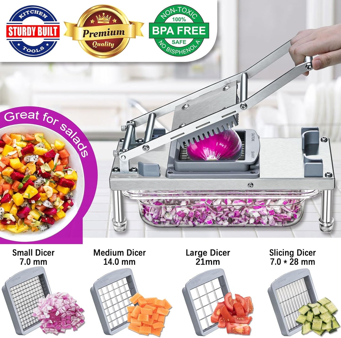 Skiennix Stainless Steel Vegetable Chopper - 10-Blade Onion Dicer with Container & Grater Mandoline Slicer