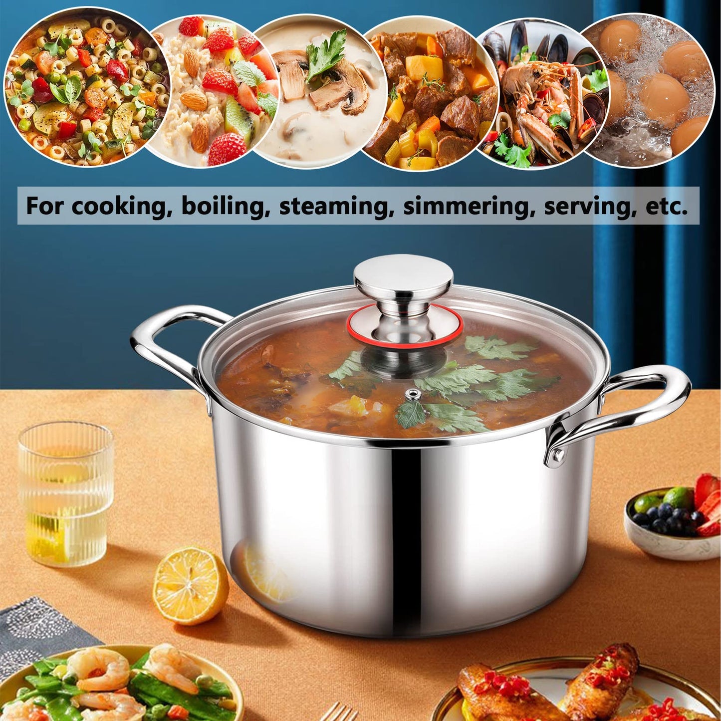 P&P CHEF 8 Quart Tri-Ply Stainless Steel Stock Pot, 8 Qt Stockpot Pasta Cooking Pot with Visible Lid for Soup Vegetable, Induction Cookware for All Stoves, Sturdy & Double Handle, Dishwasher Safe