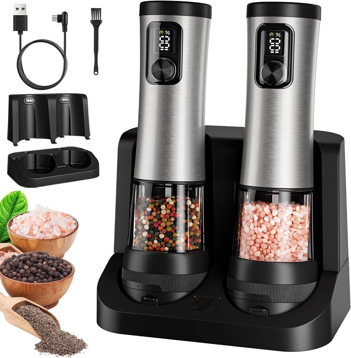 Skiennix Electric Salt and Pepper Grinder Set - Rechargeable Stainless Steel Mill with 2-Speed Settings & LED Light | 100ml Capacity