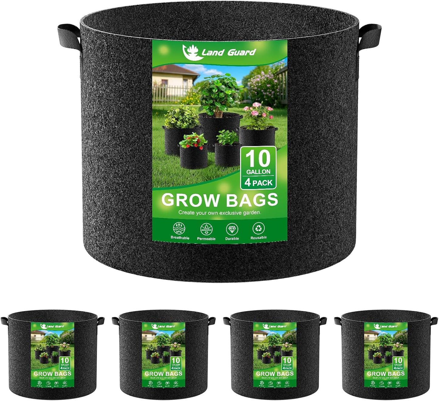 Land Guard 10 Gallon Fabric Grow Bags - 4-Pack Thickened Nonwoven Garden Pots with Handles | Black
