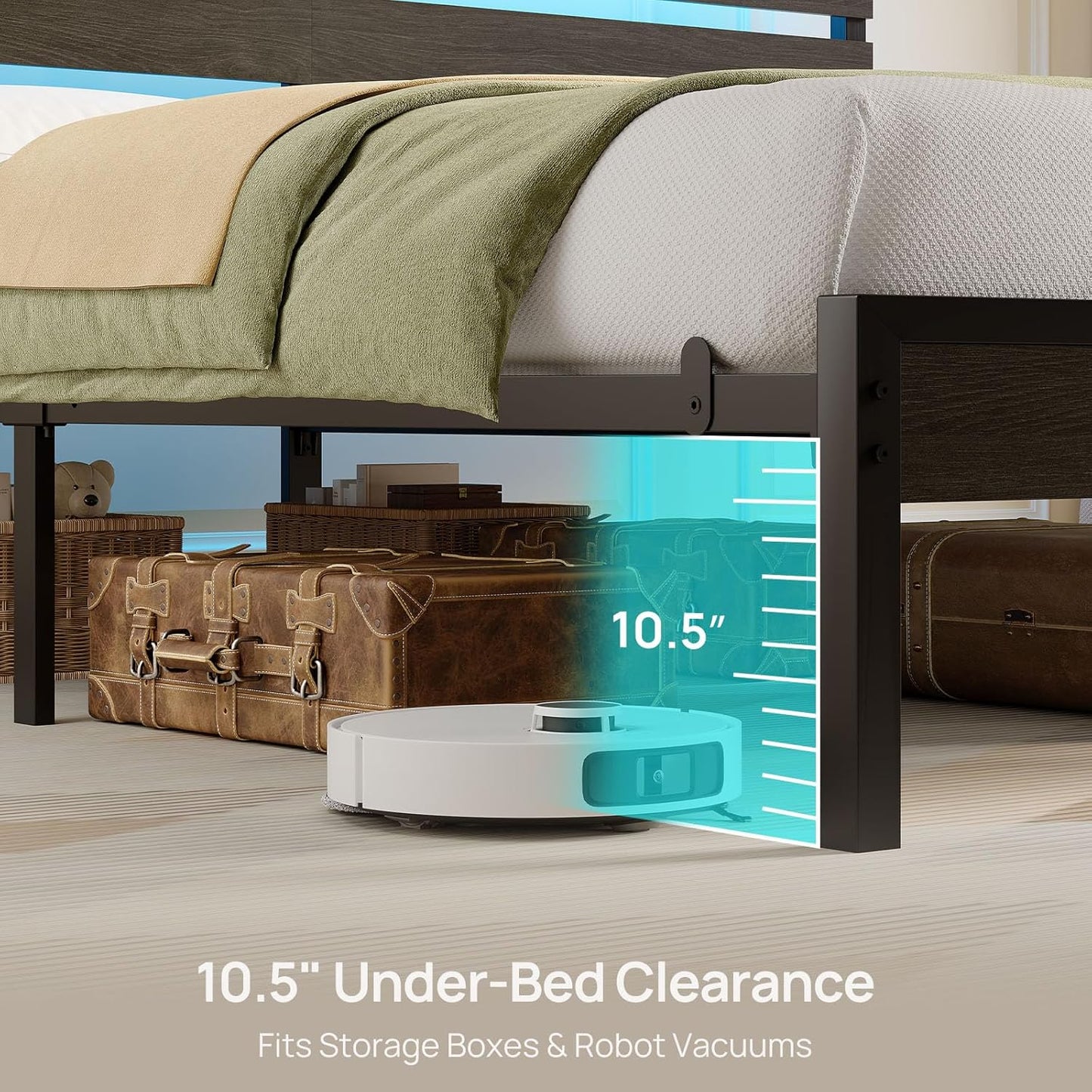 Rolanstar Full Size Bed Frame - LED Platform Bed with USB Charging Station & Wood Storage Headboard - Black