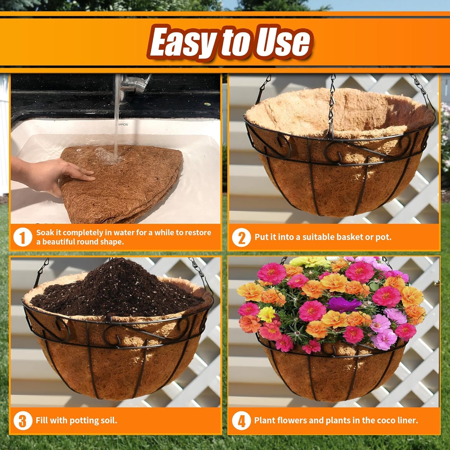 Sinimaka Coco Liners - 12 Inch Round Hanging Basket Liners | 6 Pack Coconut Fiber for Garden Flowers