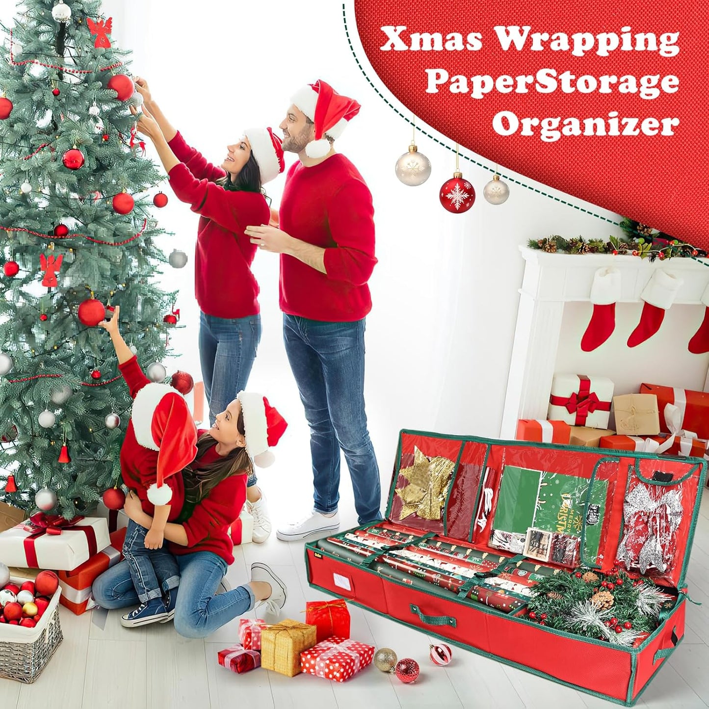 Skiennix Gift Wrap Organizer - Sturdy 600D Oxford Fabric Christmas Wrapping Paper Storage Bag | Large Red Capacity