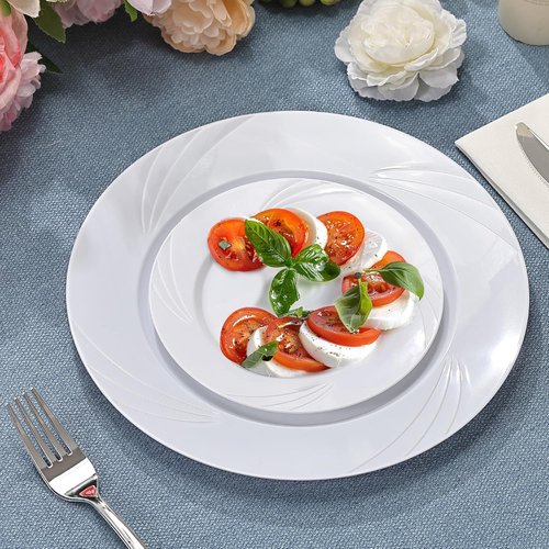 Elegant 350-Piece White Swirls Plastic Dinnerware Set by [Brand Name] | Perfect for 50 Guests, Weddings & Parties