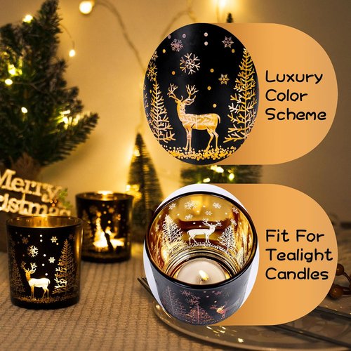 Black And Gold Glass Tealight Candle Holders Set Of 3 | Christmas Elk, Tree, Snowflake Design