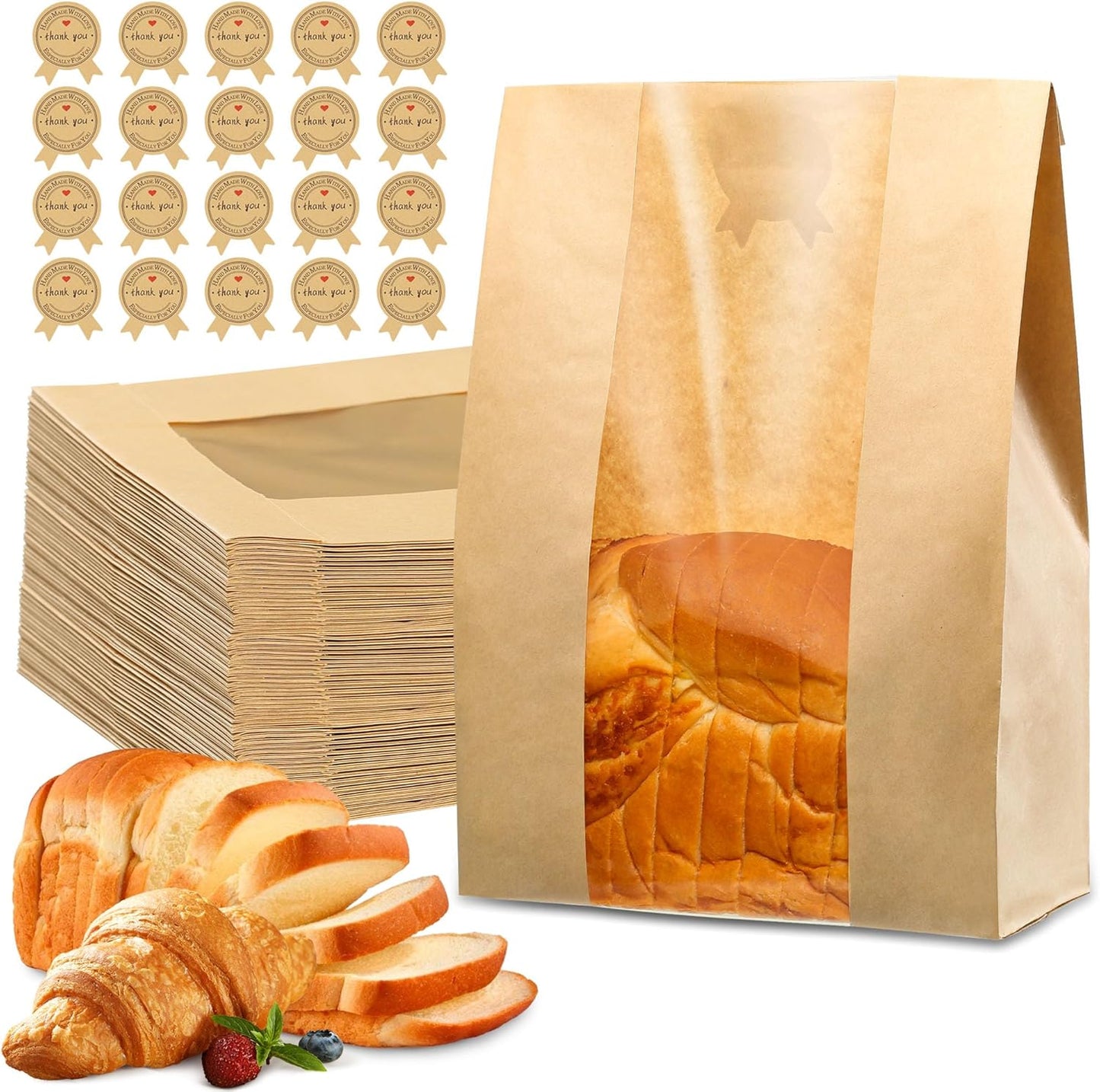 Skiennix 50 Pcs Bread Bags - 50% Thicker Sourdough Paper With Window | 13.7x8.2x3.7in Bakery Storage Bags & Stickers